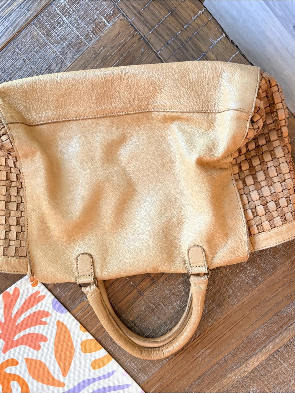 Woven Side Panel Leather Shoulder Bag - Tan